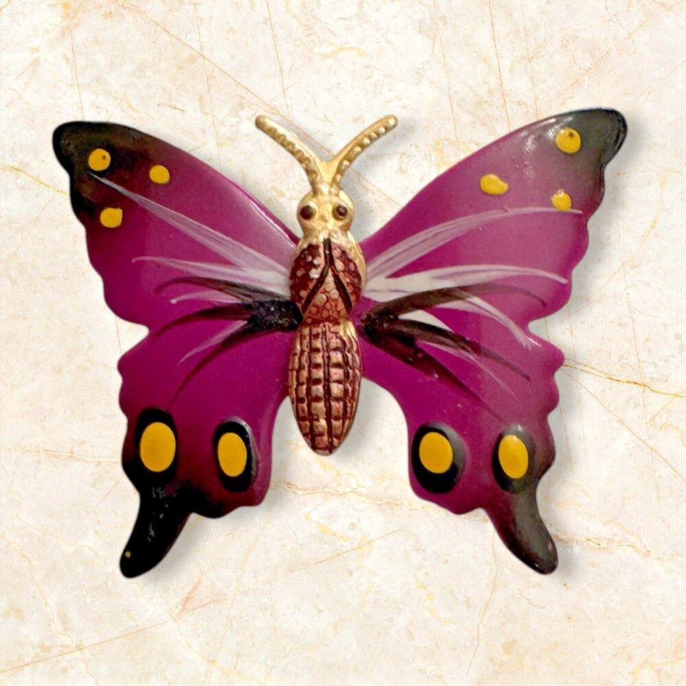 Vintage Purple Enamel Butterfly Brooch 1.25 Inch Gold Tone Accents